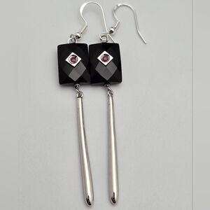 Sterling Silver Black Onyx Dangle Earrings Pink Accent 3"